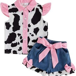 COW PRINT 2T-3T Shirt and Shorts Matching Set - Black, White, Pink
